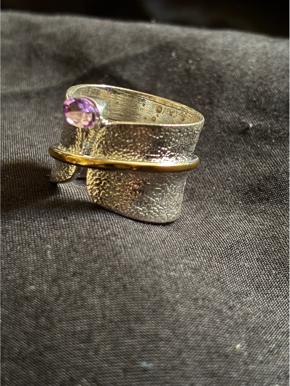 Silver tone & Gold Tone Textured Wide Band Amethyst color Stone Ring
